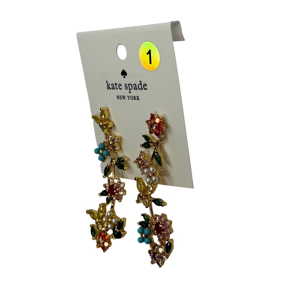 Kate Spade Floral Garden Butterfly Linear Drop Earrings Multicolor Gold NWT Boho - Picture 3 of 5